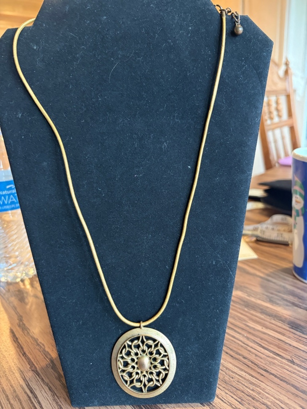 Avenue gold bronze medallion leather chain necklace, 24” “chain”, 14” drop